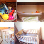 "Zona infantil amb bressol de fusta i joguines de colors."